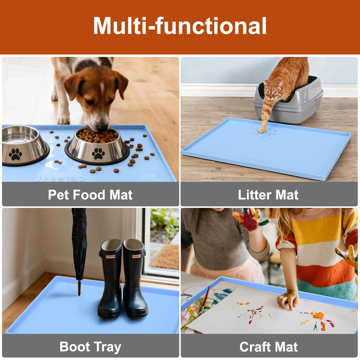 Ukeetap waterproof mat used as boot tray in blue entryway