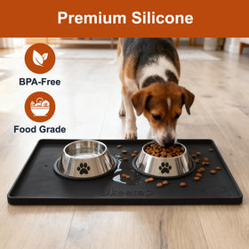 Ukeetap pet feeding mat in use under bowls reduces mess
