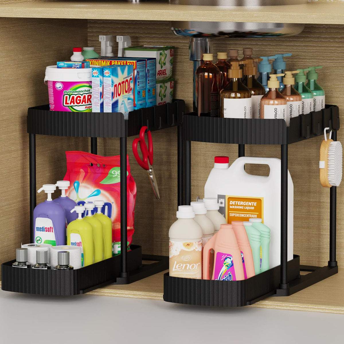 Ukeetap pull-out under-sink storage keeps toiletries organized and accessible.