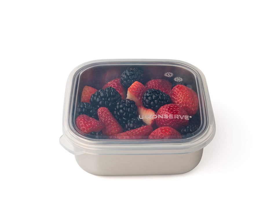 U Konserve stainless steel bento box, front view, compact lunch container.