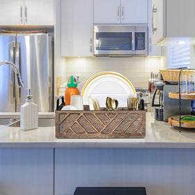 Ukonvi paper plate holder on countertop in warm brown enhances kitchen decor