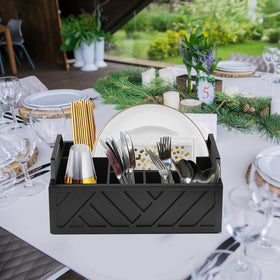 Ukonvi top-open paper plate holder provides quick access to plates and napkins.