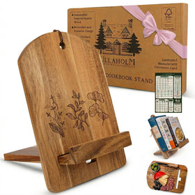 ULLAHOLM wood cook book stand on a counter for easy recipe viewing