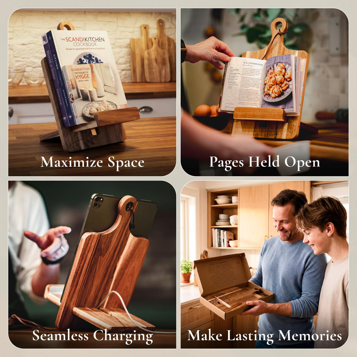ULLAHOLM wood cookbook stand with charging slot to keep devices powered.