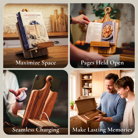ULLAHOLM wood cookbook stand with charging slot to keep devices powered.