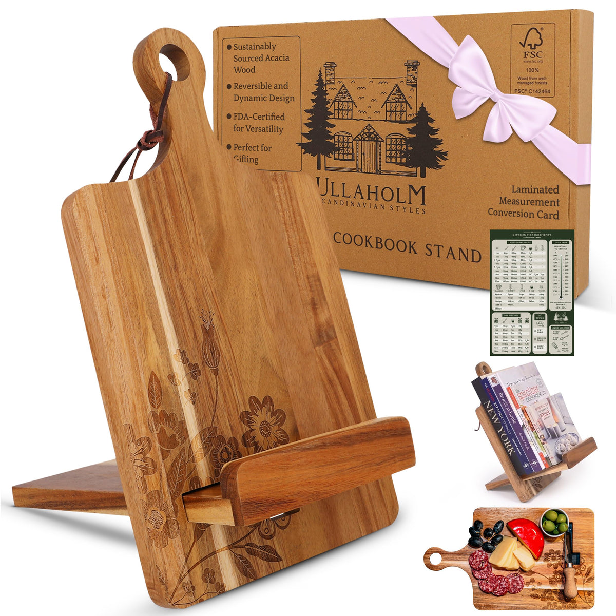 ULLAHOLM wood cookbook stand with reversible Nordic pattern for stylish display.