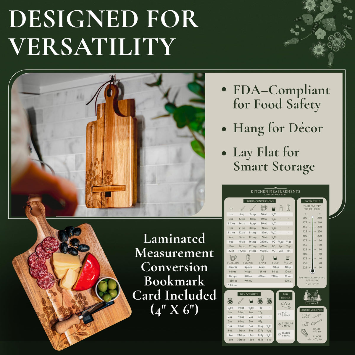 ULLAHOLM wood cookbook stand doubles as serving board for cheese and charcuterie.