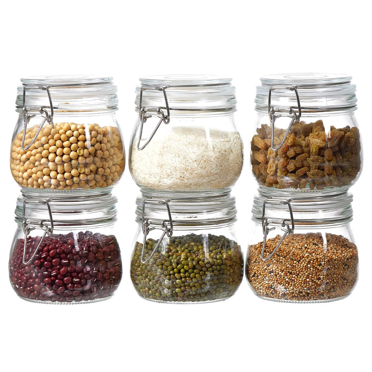 Ulodimi 6-pack glass storage jars with airtight lids for organized pantry storage.