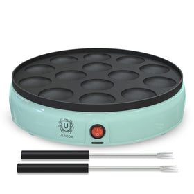 ULTICOR mini pancake maker on countertop showing 14-hole grid for quick, fun breakfasts.
