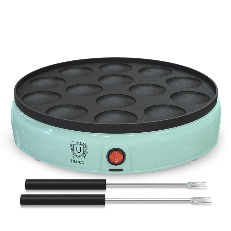 ULTICOR mini pancake maker on countertop showing 14-hole grid for quick, fun breakfasts.