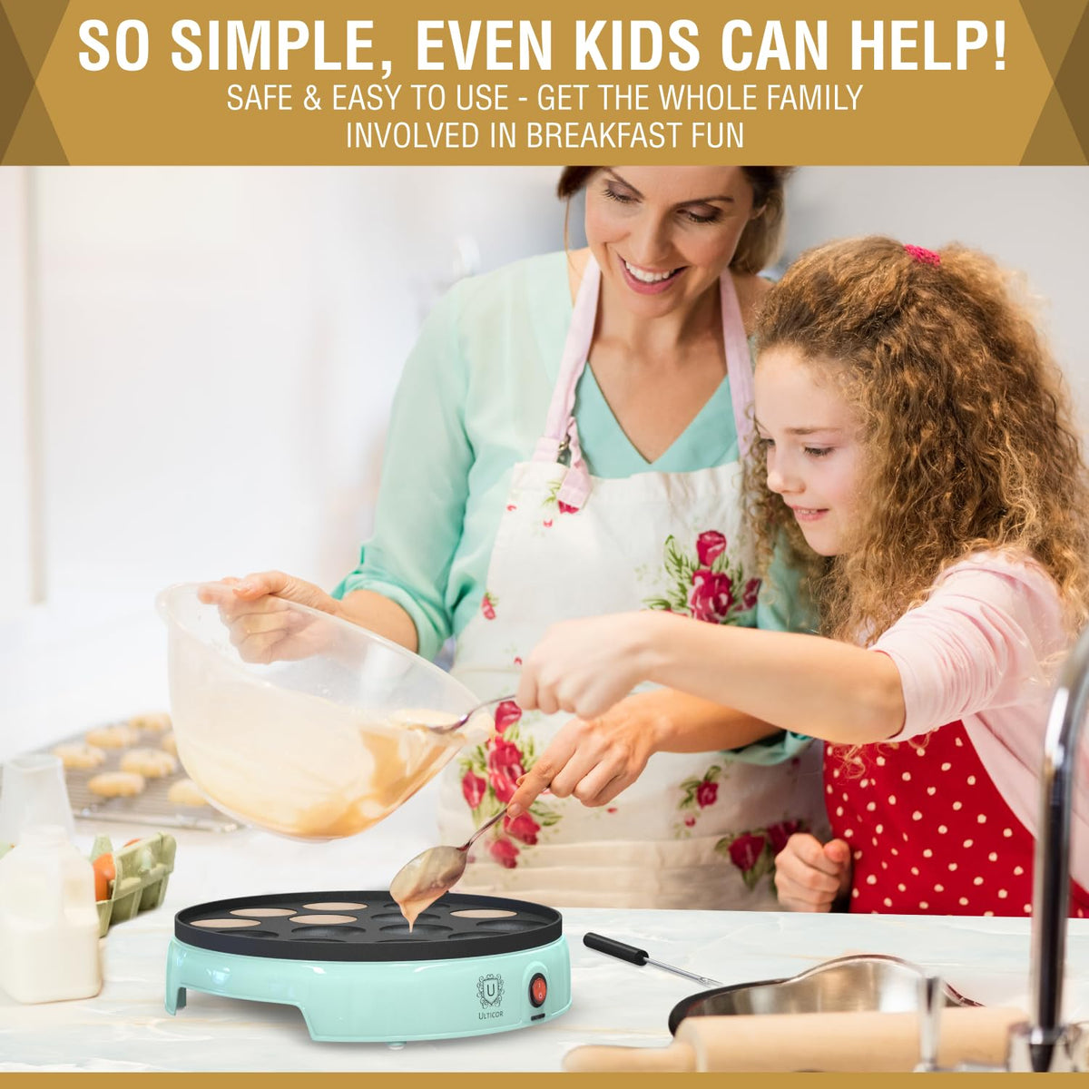 ULTICOR mini pancake maker with even heating technology for fluffy results.