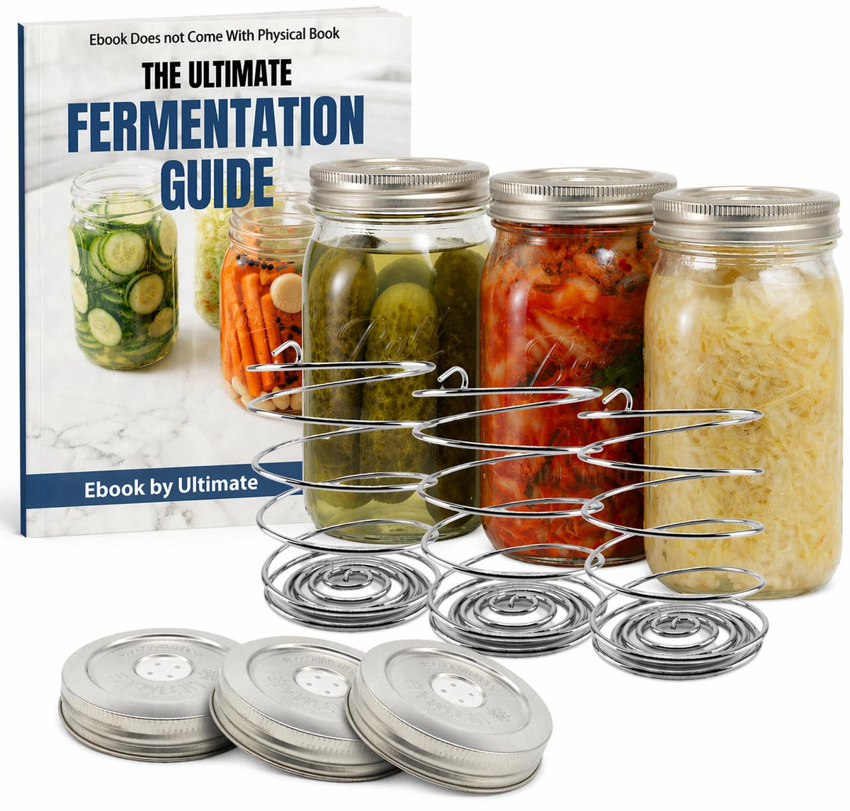 Ultimate Fermentation Kit venting lids secure jars for safe, easy fermentation in wide-mouth jars.