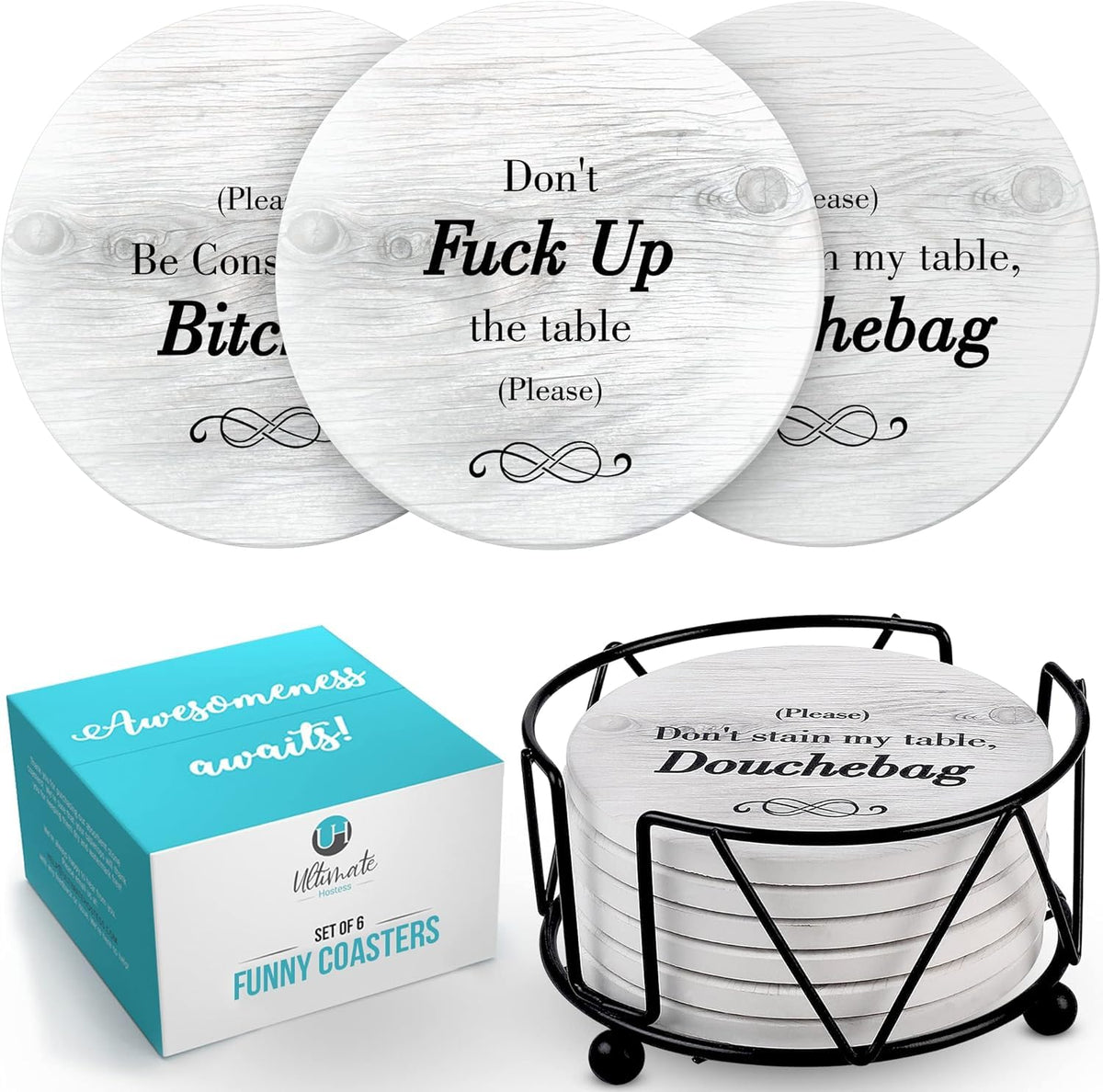Ultimate Hostess coasters closeup highlights clever design and quality.