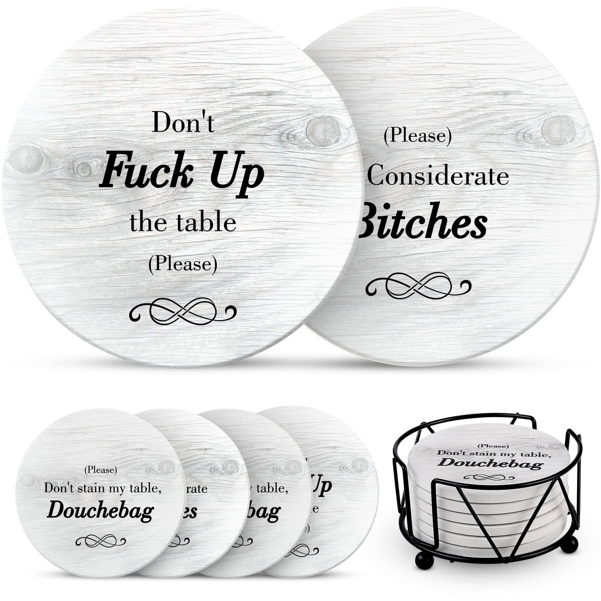 Ultimate Hostess funny coasters on display protect surfaces and spark laughs at gatherings.
