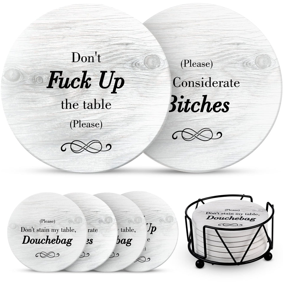 Ultimate Hostess funny coasters on display protect surfaces and spark laughs at gatherings.