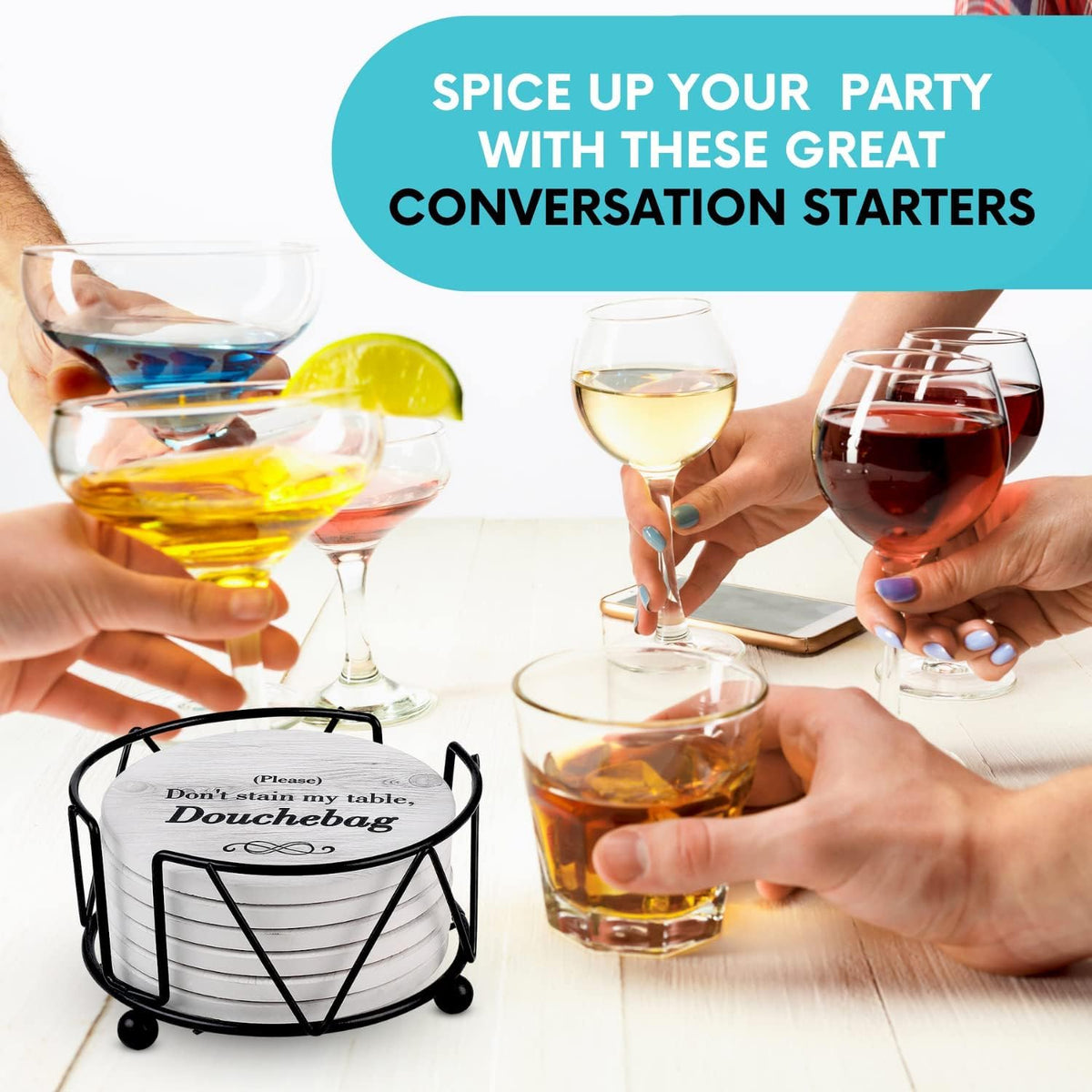 Ultimate Hostess party laughs coasters create a lighthearted mood.