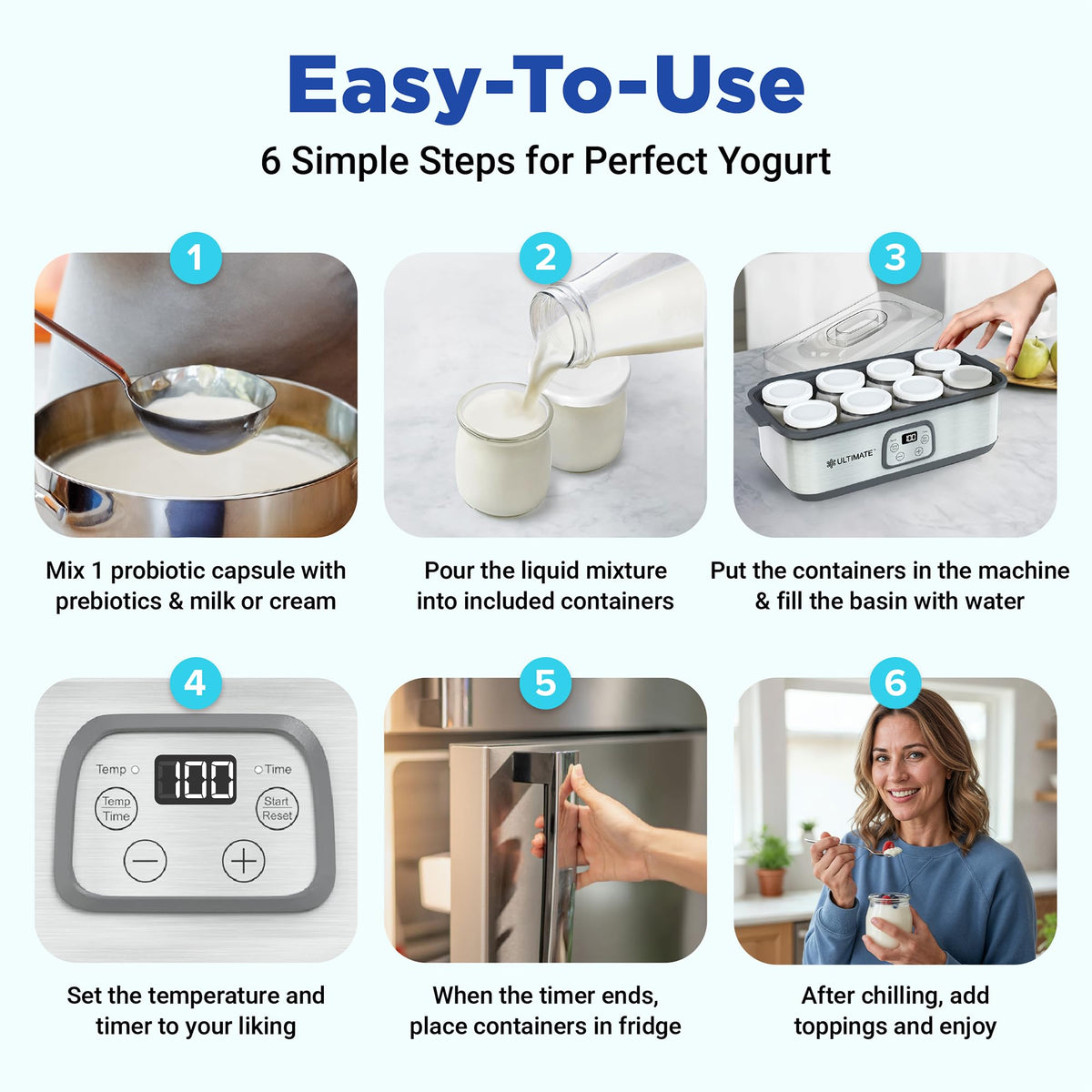 Ultimate Probiotic Yogurt Maker glass containers with BPA-free lids for safe storage.