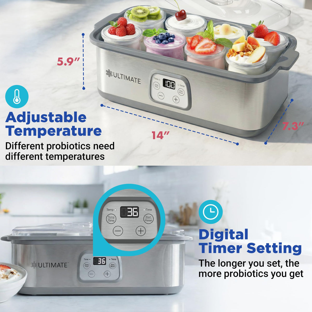 Ultimate Probiotic Yogurt Maker temperature range display from 68°F to 131°F.
