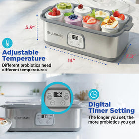 Ultimate Probiotic Yogurt Maker temperature range display from 68°F to 131°F.