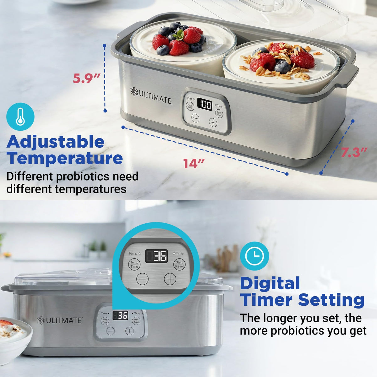 Ultimate Probiotic Yogurt Maker supports up to 48-hour runs for richer cultures.