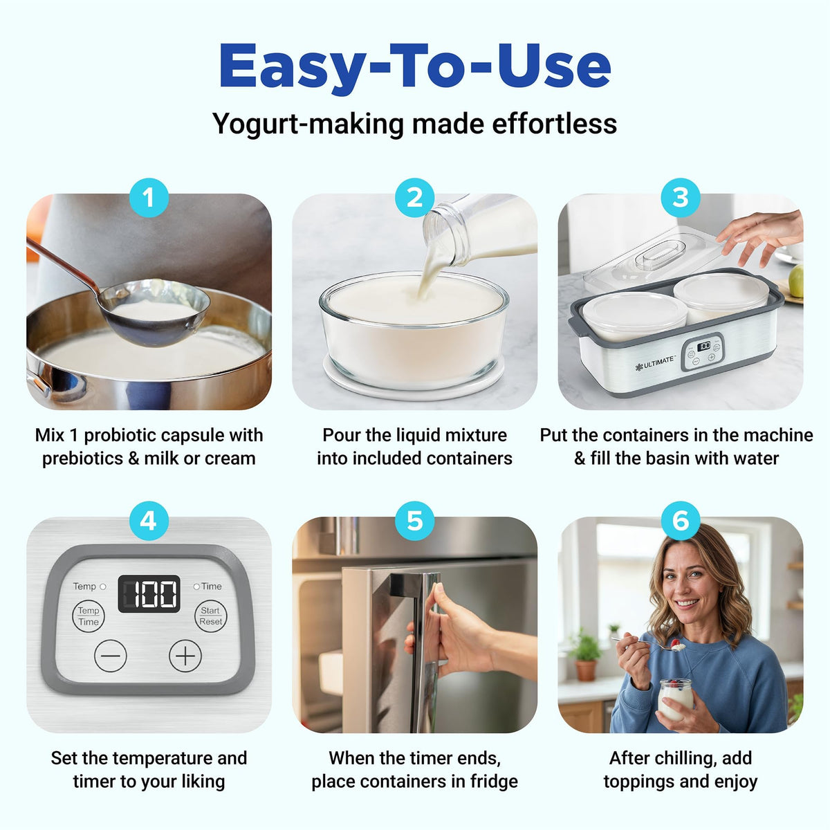 Ultimate Probiotic Yogurt Maker shows a wide 68–131°F temperature range for yogurt cultures.