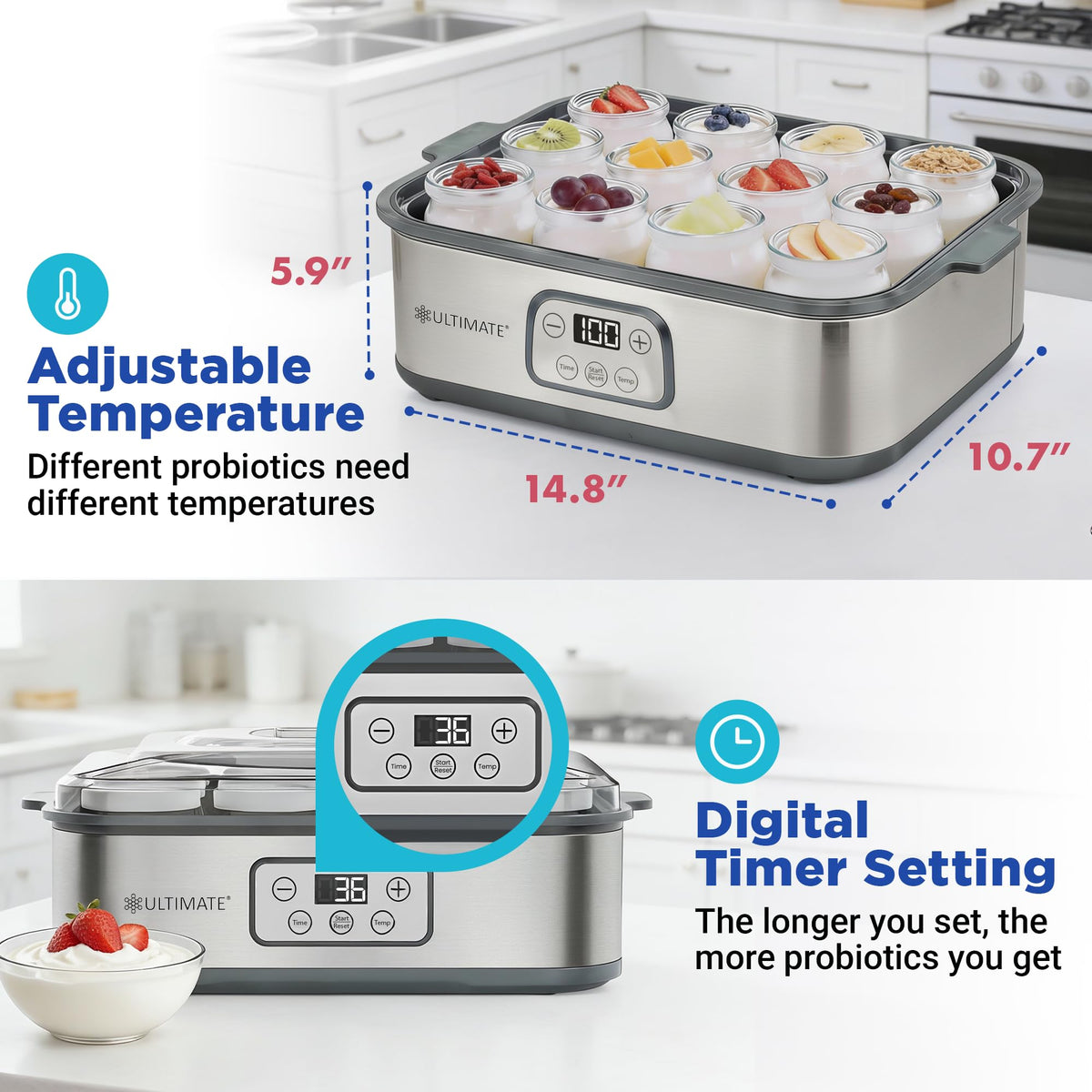 Ultimate Yogurt Maker XL operates in a 68-131°F range for versatile cultures.
