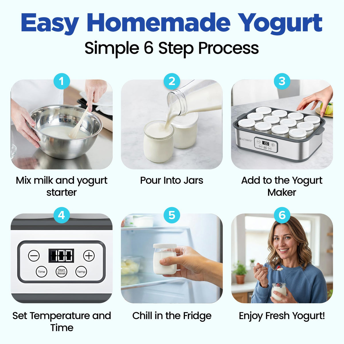 Jars with BPA-free lids on the Ultimate Yogurt Maker XL for safe storage.