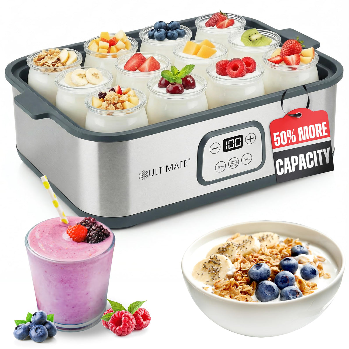 Ultimate Yogurt Maker XL with twelve 6oz jars for family breakfast prep.