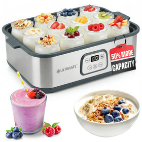 Ultimate Yogurt Maker XL with twelve 6oz jars for family breakfast prep.