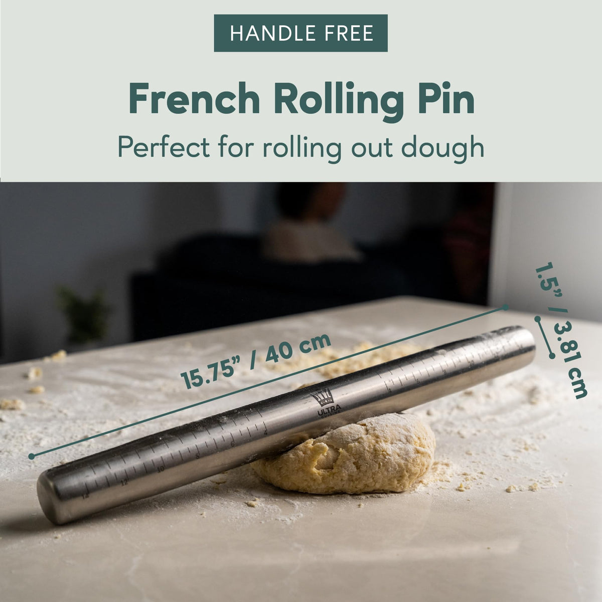 Ultra Cuisine etched measurements on rolling pin help portion dough accurately.