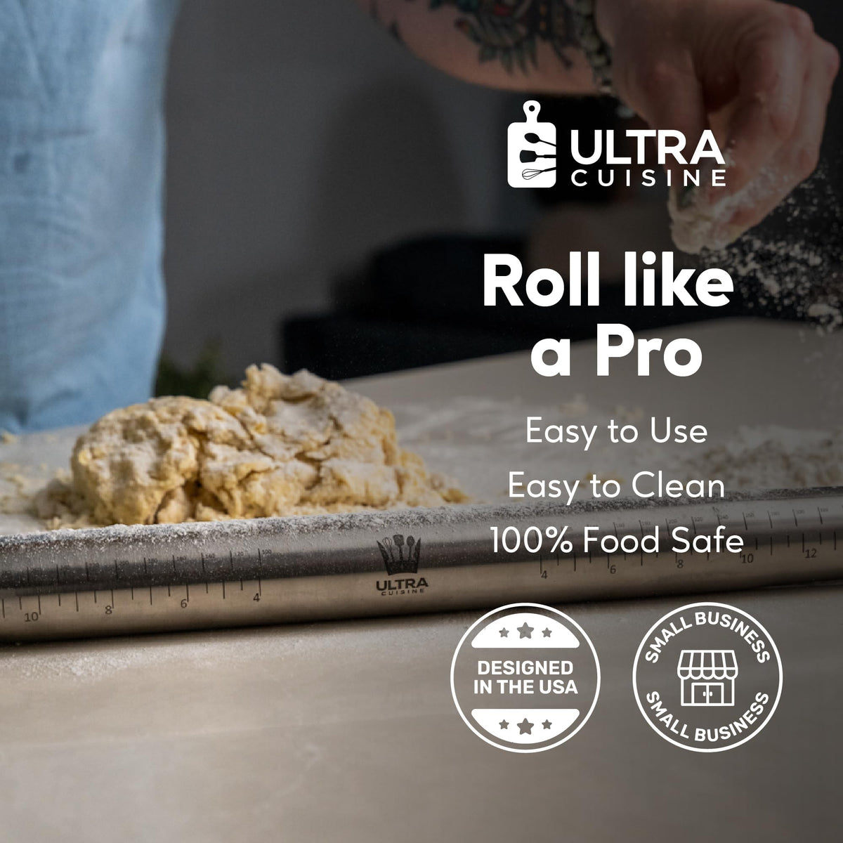 Ultra Cuisine freezable rolling pin keeps dough cool for even rolling.
