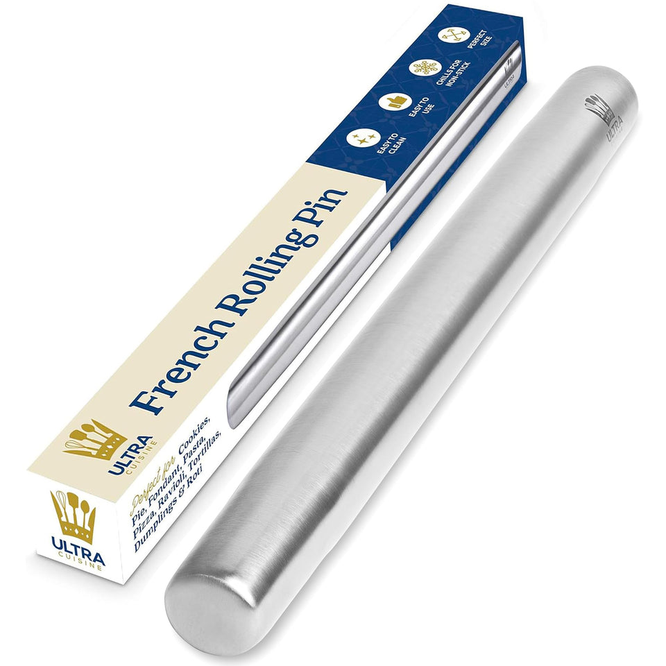 Ultra Cuisine French rolling pin on flour-dusted surface for precise dough thickness.
