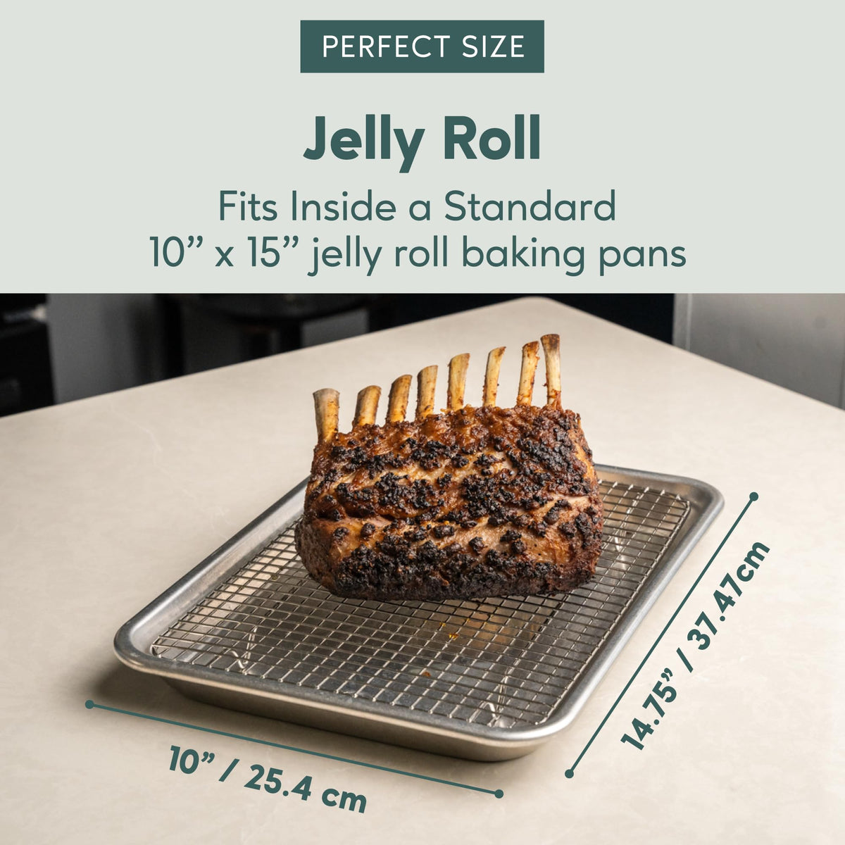 Rack designed to fit 10x15 jelly roll pans from Ultra Cuisine