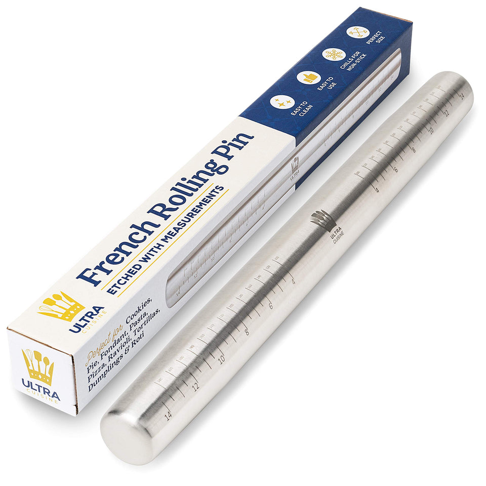 Ultra Cuisine metal rolling pin for smooth, even dough and easy cleanup.