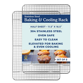 Ultra Cuisine oven-safe cooling rack shows sturdy stainless steel for even airflow and cooling