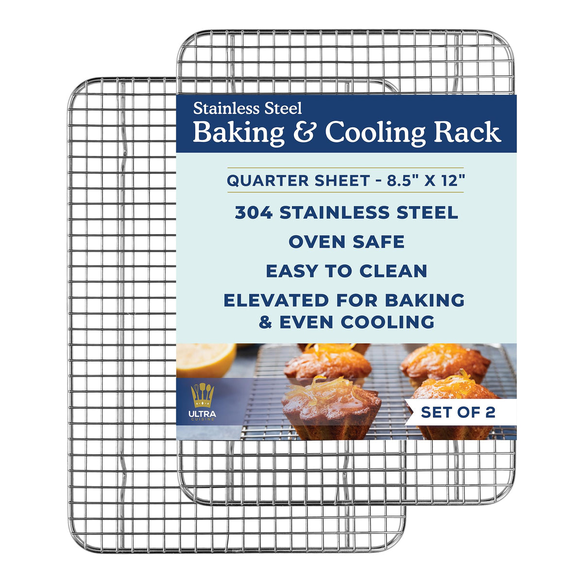 Ultra Cuisine oven-safe stainless steel cooling rack set with durable wire grid for versatile use