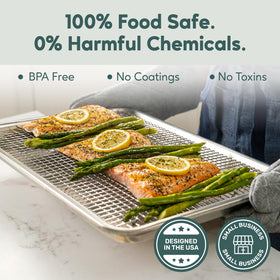 Ultra Cuisine reinforced-rim half-sheet pan prevents warping during high-heat baking.