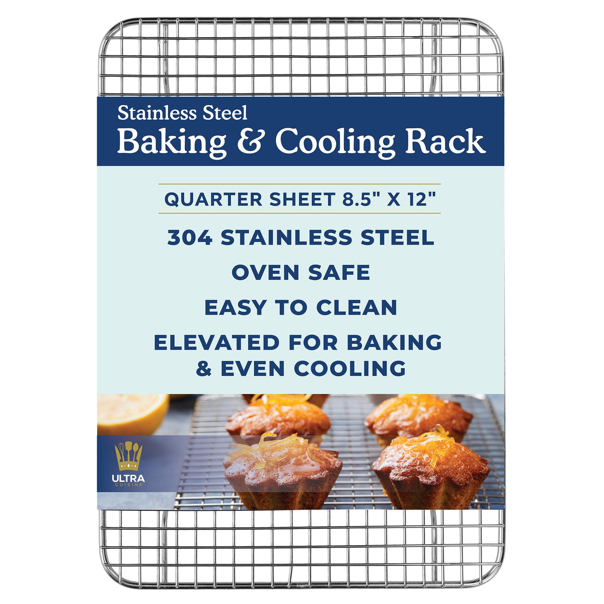 Ultra Cuisine stainless steel cooling rack front view with 1-inch height for even airflow.