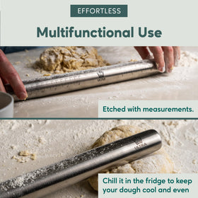 Ultra Cuisine stainless steel rolling pin with a smooth surface for consistent results.