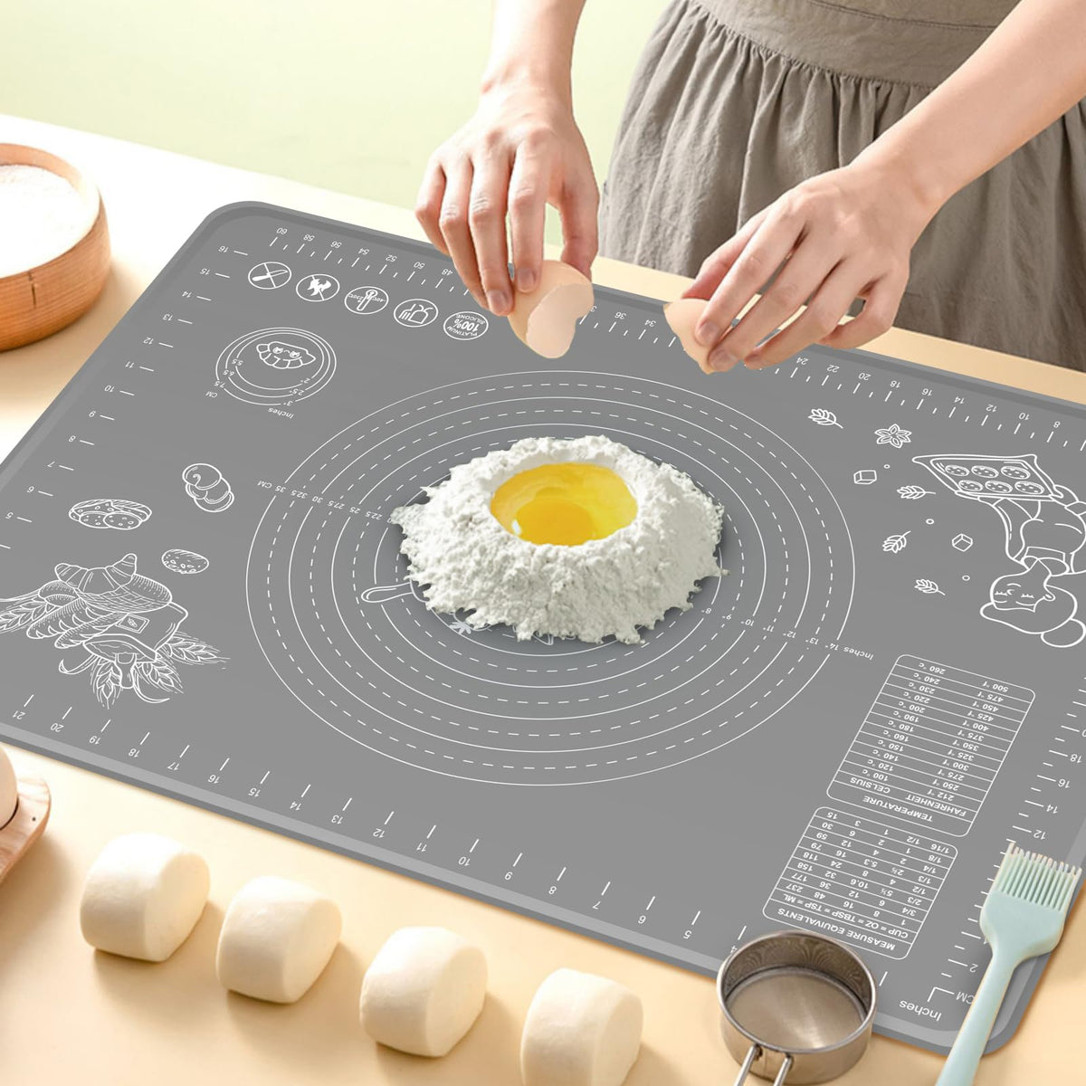 ULTRAKENO silicone baking mat in full counter view for dough rolling.