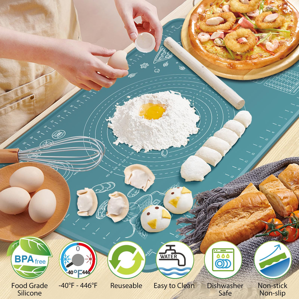 ULTRAKENO pastry mat with measurements helps accurate dough sizing and cutting.