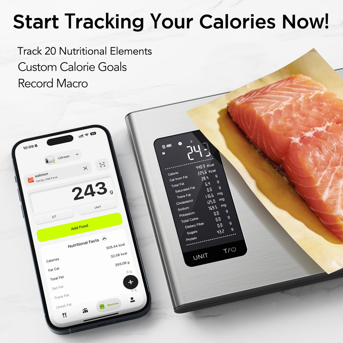 Ultrean app screen shows calories and macros for easy tracking at a glance