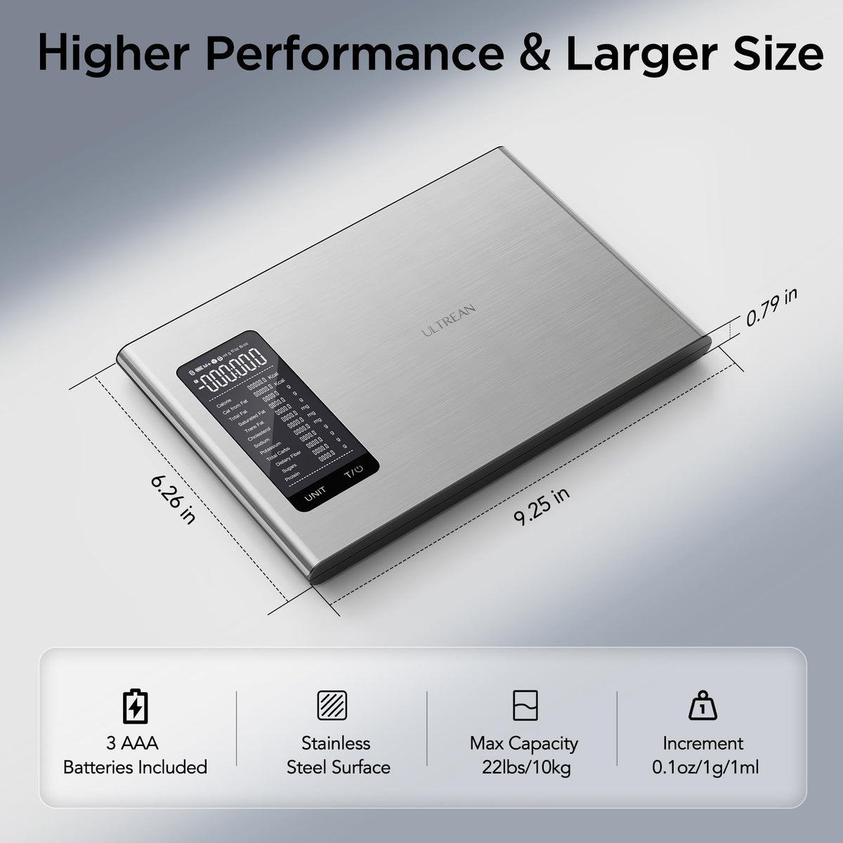 Ultrean BPA-free stainless steel platform ensures durable, safe food weighing