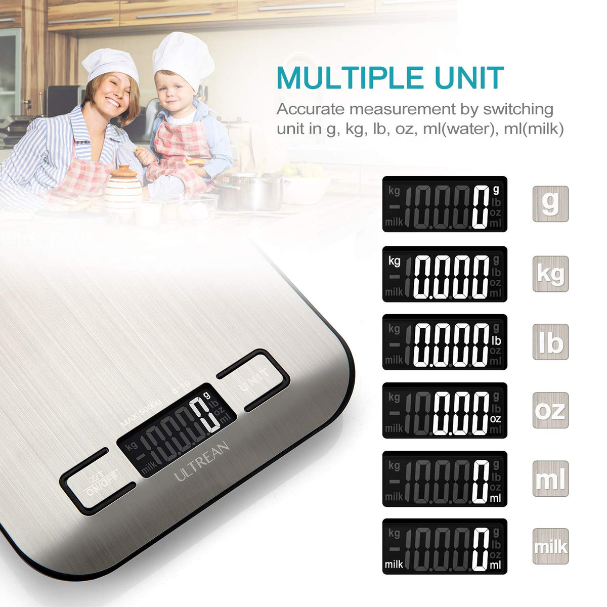 Ultrean digital kitchen scale showing the LCD display for precise portioning.