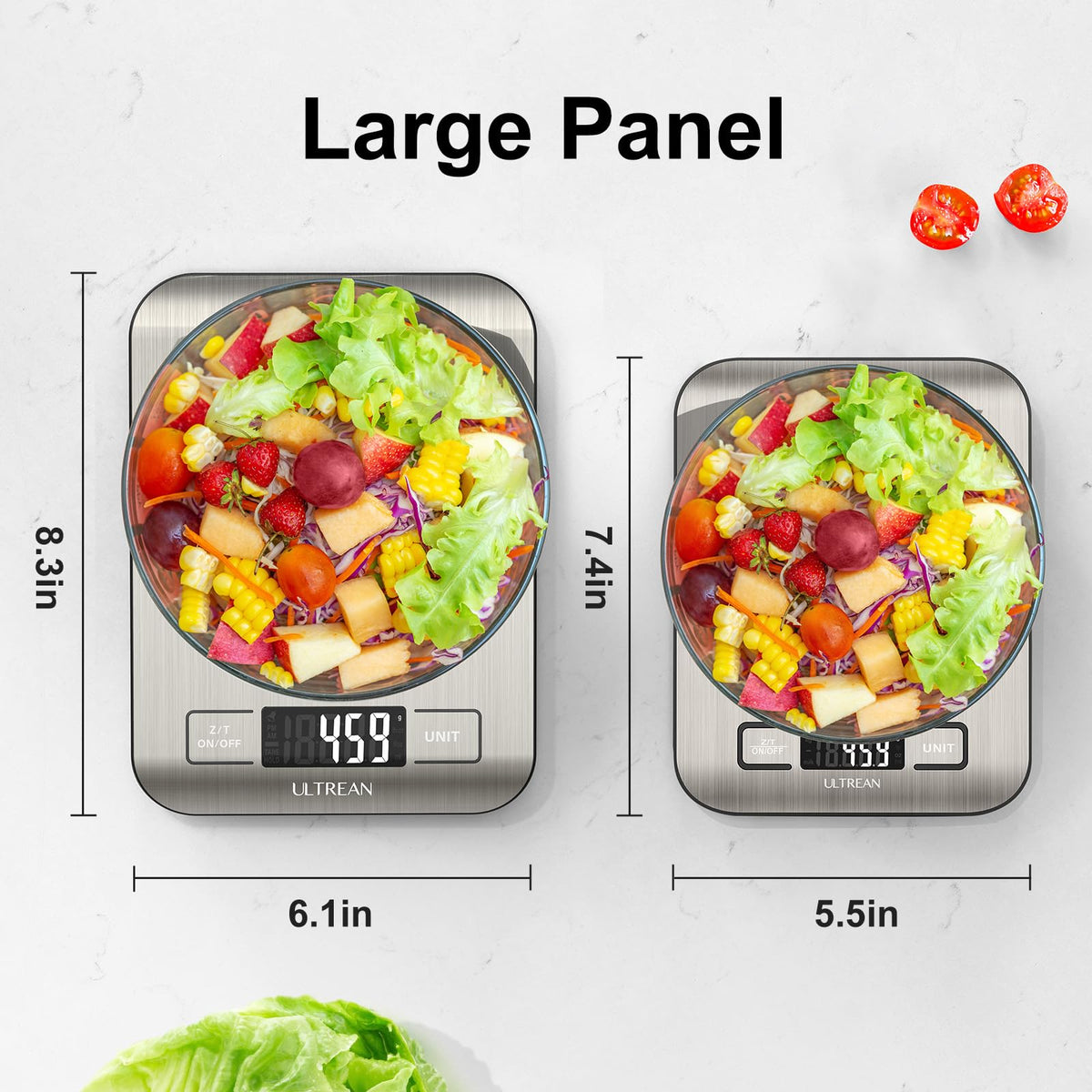 Ultrean food scale with a large LCD display for easy reading with tall containers.