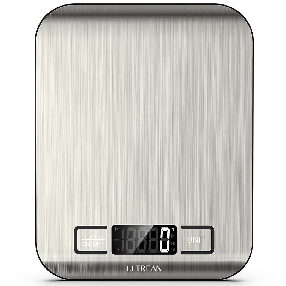 Ultrean food scale with four precise sensors for accurate ingredient weighing during meal prep.