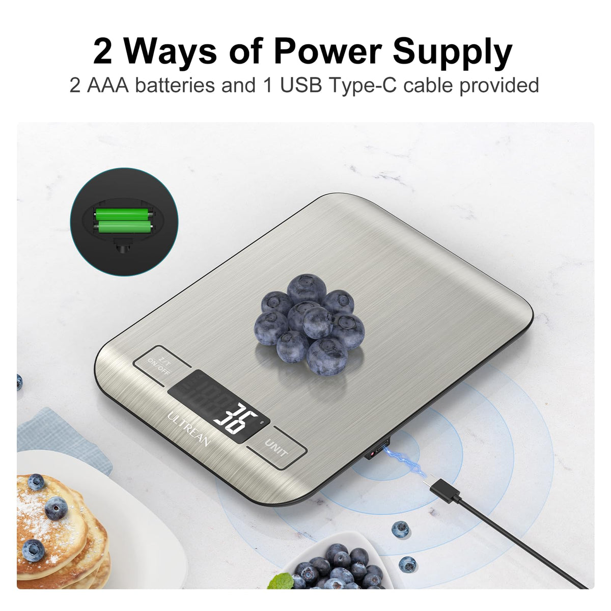 Ultrean kitchen scale supports versatile units for grams, ounces, and milliliters.