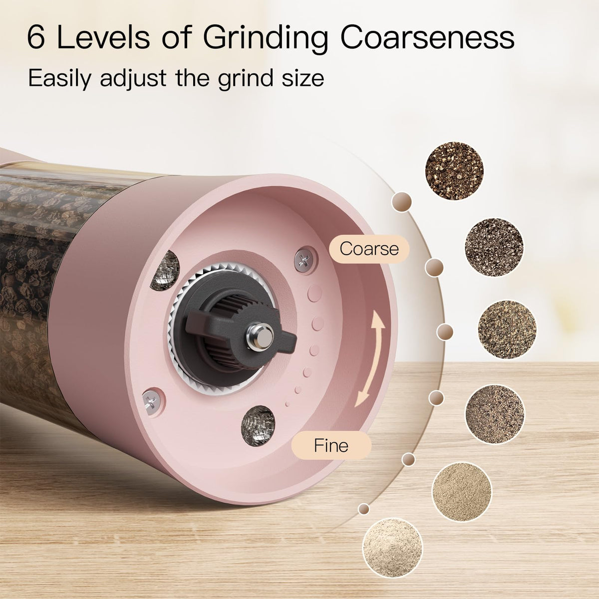 Ultrean grinder with six grind settings for fine to coarse spice.