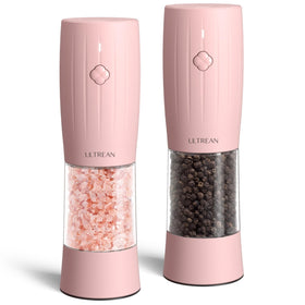 Ultrean pink salt and pepper grinder set, front view for easy table seasoning.