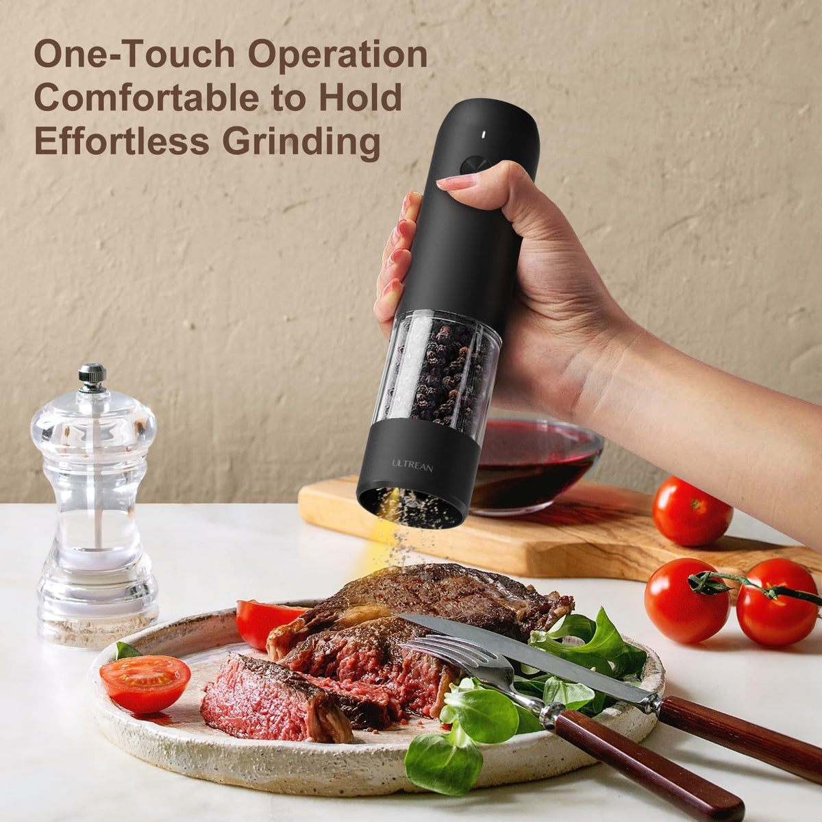 Ultrean salt and pepper grinder shows USB-C charging for easy power